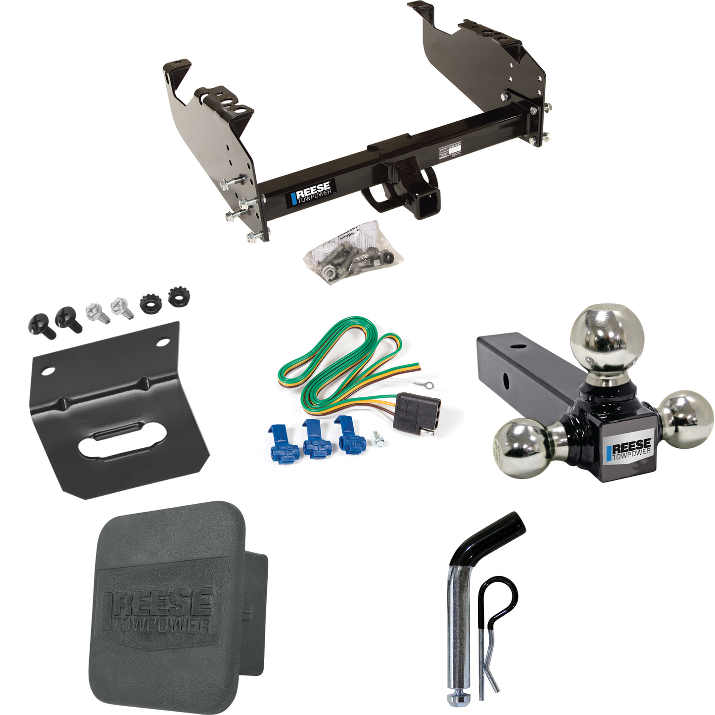 Fits 1985-1986 Chevrolet K10 Trailer Hitch Tow PKG w/ 4-Flat Wiring Harness + Triple Ball Ball Mount 1-7/8" & 2" & 2-5/16" Trailer Balls + Pin/Clip + Hitch Cover + Wiring Bracket (For w/34" Wide Frames Models) By Reese Towpower