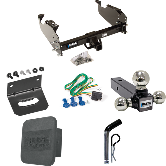 Fits 1985-1986 Chevrolet K10 Trailer Hitch Tow PKG w/ 4-Flat Wiring Harness + Triple Ball Ball Mount 1-7/8" & 2" & 2-5/16" Trailer Balls + Pin/Clip + Hitch Cover + Wiring Bracket (For w/34" Wide Frames Models) By Reese Towpower