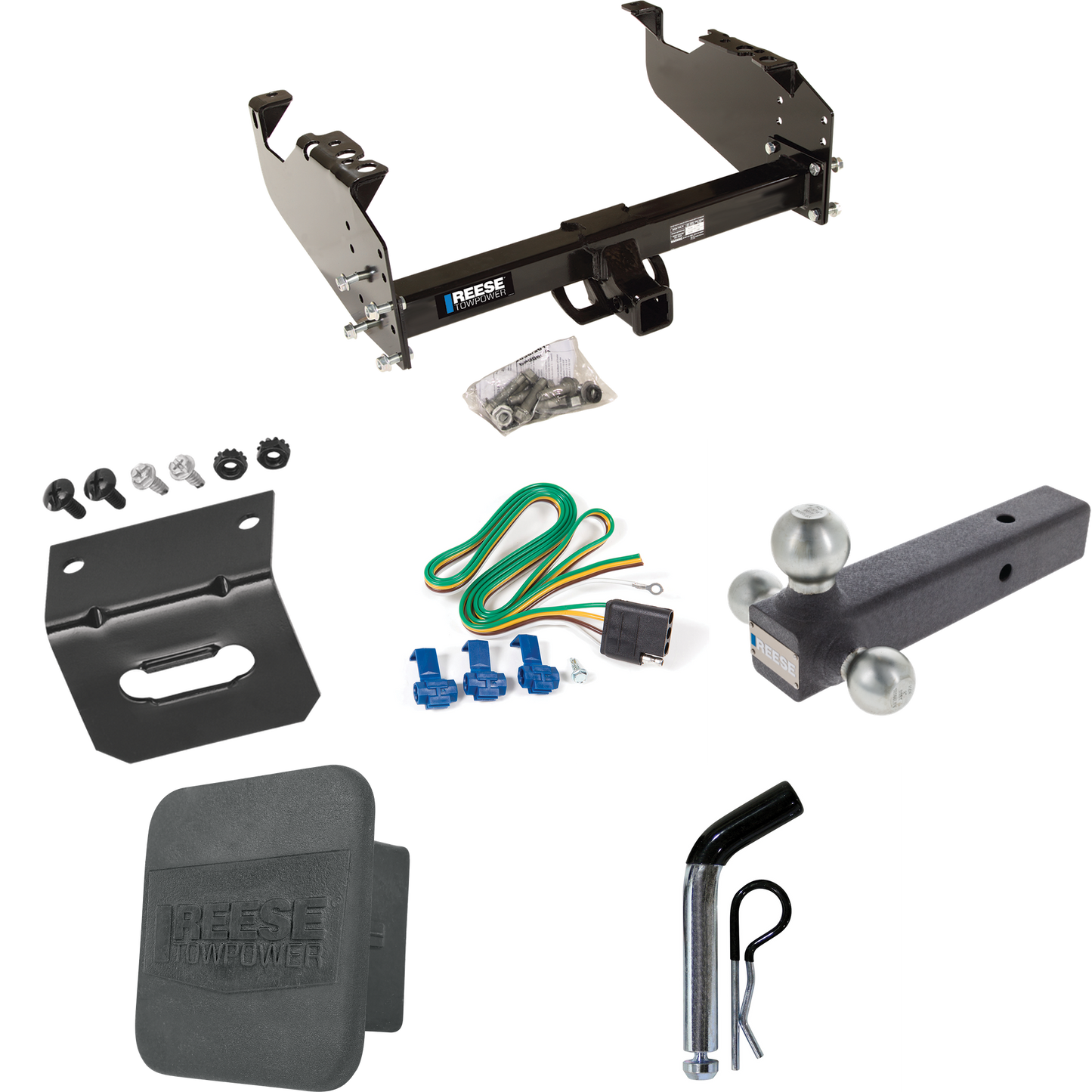 Fits 1963-1965 GMC 2500 Series Trailer Hitch Tow PKG w/ 4-Flat Wiring Harness + Triple Ball Ball Mount 1-7/8" & 2" & 2-5/16" Trailer Balls + Pin/Clip + Hitch Cover + Wiring Bracket By Reese Towpower