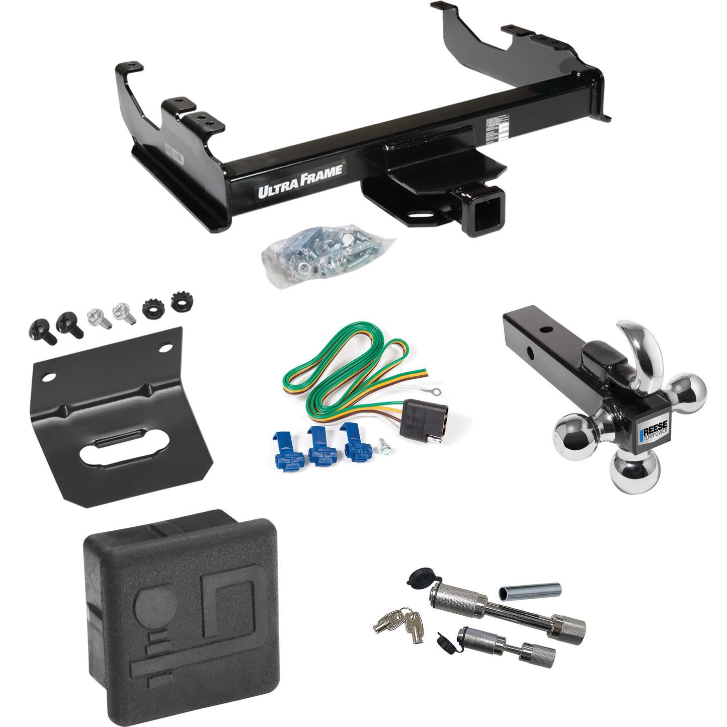 Fits 1985-1986 Chevrolet K20 Trailer Hitch Tow PKG w/ 4-Flat Wiring Harness + Triple Ball Ball Mount 1-7/8" & 2" & 2-5/16" Trailer Balls w/ Tow Hook + Dual Hitch & Coupler Locks + Hitch Cover + Wiring Bracket (For w/34" Wide Frames Models) By Draw-Ti