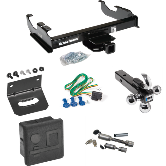 Fits 1985-1986 Chevrolet K20 Trailer Hitch Tow PKG w/ 4-Flat Wiring Harness + Triple Ball Ball Mount 1-7/8" & 2" & 2-5/16" Trailer Balls w/ Tow Hook + Dual Hitch & Coupler Locks + Hitch Cover + Wiring Bracket (For w/34" Wide Frames Models) By Draw-Ti