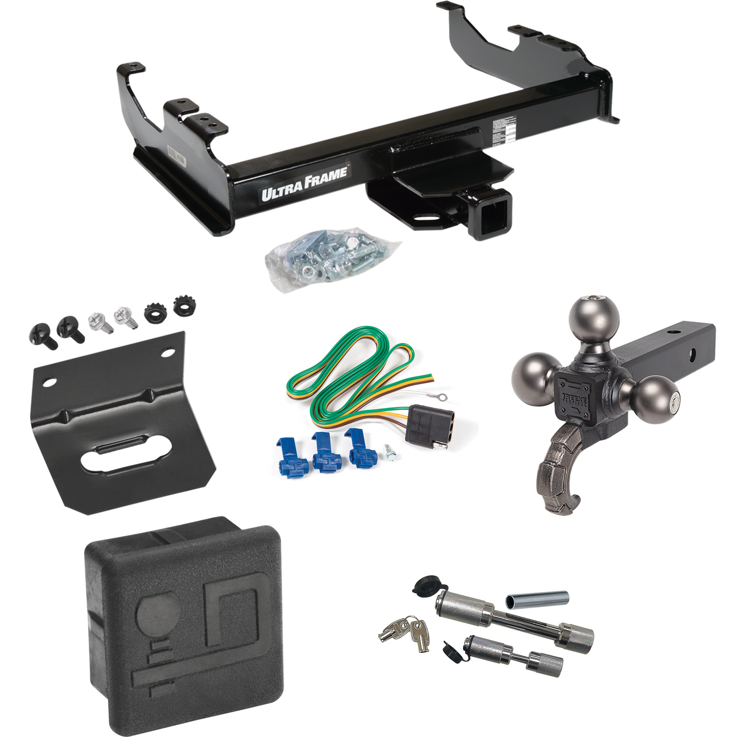 Fits 1985-1986 Chevrolet C30 Trailer Hitch Tow PKG w/ 4-Flat Wiring Harness + Triple Ball Ball Mount 1-7/8" & 2" & 2-5/16" Trailer Balls w/ Tow Hook + Dual Hitch & Coupler Locks + Hitch Cover + Wiring Bracket (For w/34" Wide Frames Models) By Draw-Ti