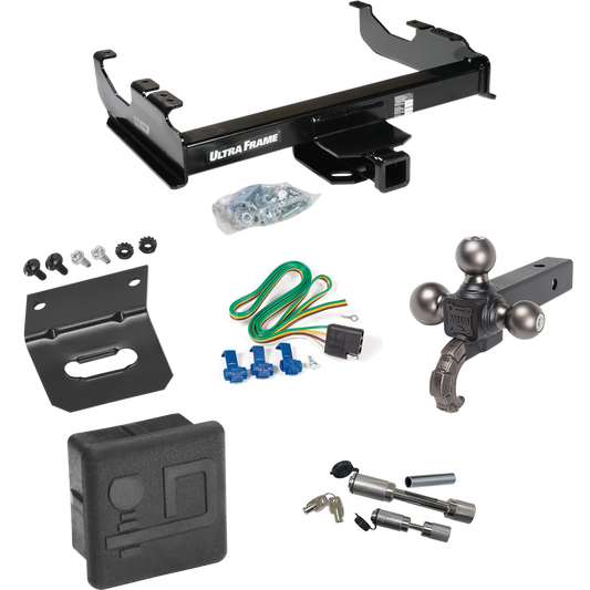 Fits 1985-1986 Chevrolet C30 Trailer Hitch Tow PKG w/ 4-Flat Wiring Harness + Triple Ball Ball Mount 1-7/8" & 2" & 2-5/16" Trailer Balls w/ Tow Hook + Dual Hitch & Coupler Locks + Hitch Cover + Wiring Bracket (For w/34" Wide Frames Models) By Draw-Ti