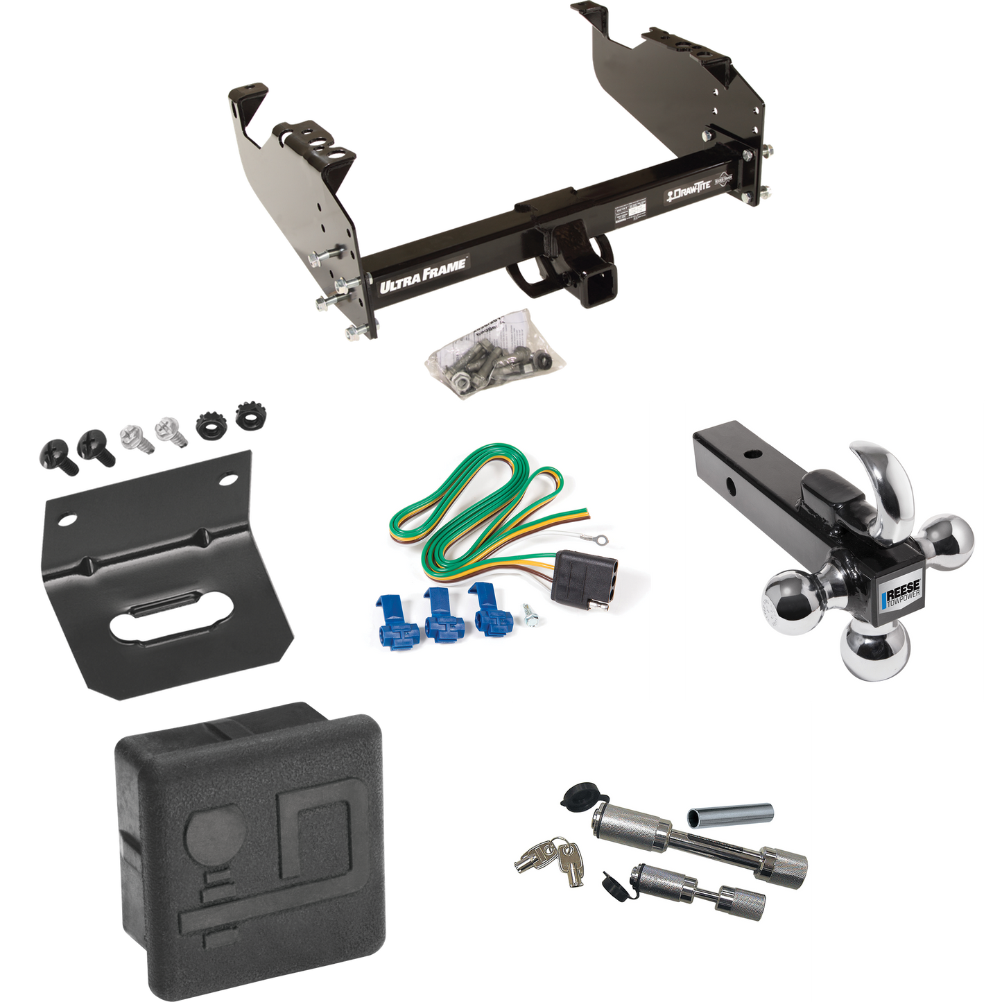 Fits 1999-2019 Ford F-450 Super Duty Trailer Hitch Tow PKG w/ 4-Flat Wiring Harness + Triple Ball Ball Mount 1-7/8" & 2" & 2-5/16" Trailer Balls w/ Tow Hook + Dual Hitch & Coupler Locks + Hitch Cover + Wiring Bracket (For Cab & Chassis, w/34" Wide Fr