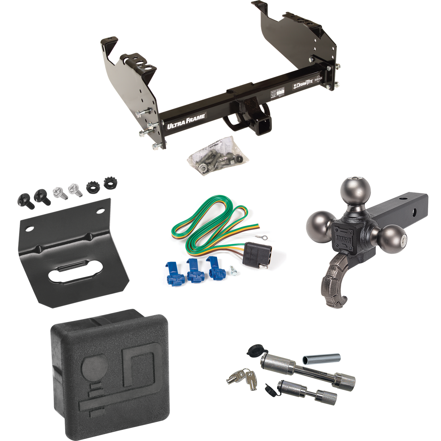 Fits 1963-1972 Chevrolet C30 Trailer Hitch Tow PKG w/ 4-Flat Wiring Harness + Triple Ball Ball Mount 1-7/8" & 2" & 2-5/16" Trailer Balls w/ Tow Hook + Dual Hitch & Coupler Locks + Hitch Cover + Wiring Bracket By Draw-Tite