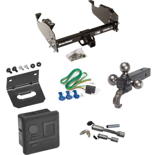 Fits 1963-1972 Chevrolet C30 Trailer Hitch Tow PKG w/ 4-Flat Wiring Harness + Triple Ball Ball Mount 1-7/8" & 2" & 2-5/16" Trailer Balls w/ Tow Hook + Dual Hitch & Coupler Locks + Hitch Cover + Wiring Bracket By Draw-Tite