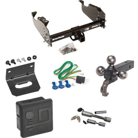 Fits 1963-1965 GMC 1500 Series Trailer Hitch Tow PKG w/ 4-Flat Wiring Harness + Triple Ball Ball Mount 1-7/8" & 2" & 2-5/16" Trailer Balls w/ Tow Hook + Dual Hitch & Coupler Locks + Hitch Cover + Wiring Bracket By Draw-Tite