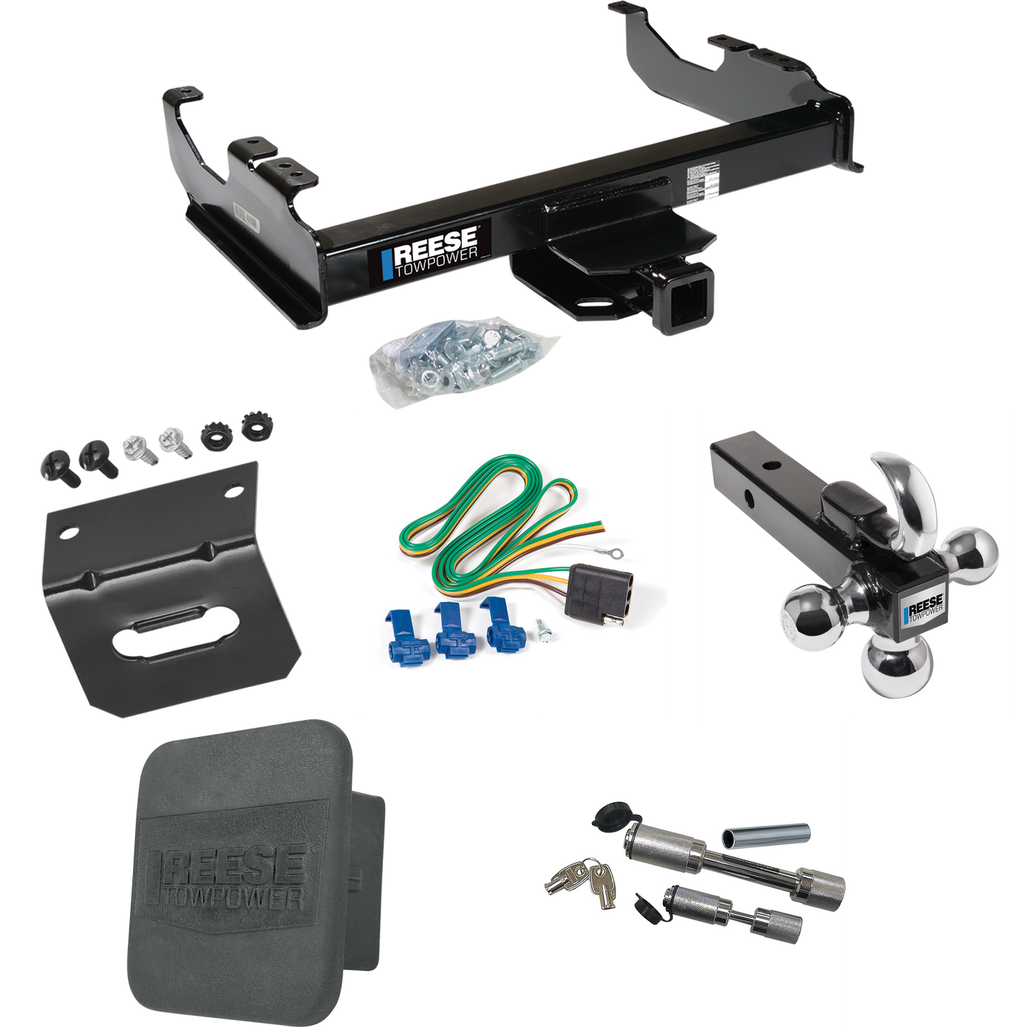 Fits 1963-1972 Chevrolet C20 Trailer Hitch Tow PKG w/ 4-Flat Wiring Harness + Triple Ball Ball Mount 1-7/8" & 2" & 2-5/16" Trailer Balls w/ Tow Hook + Dual Hitch & Coupler Locks + Hitch Cover + Wiring Bracket By Reese Towpower