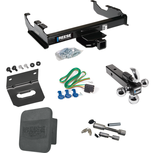 Fits 1963-1972 Chevrolet C20 Trailer Hitch Tow PKG w/ 4-Flat Wiring Harness + Triple Ball Ball Mount 1-7/8" & 2" & 2-5/16" Trailer Balls w/ Tow Hook + Dual Hitch & Coupler Locks + Hitch Cover + Wiring Bracket By Reese Towpower