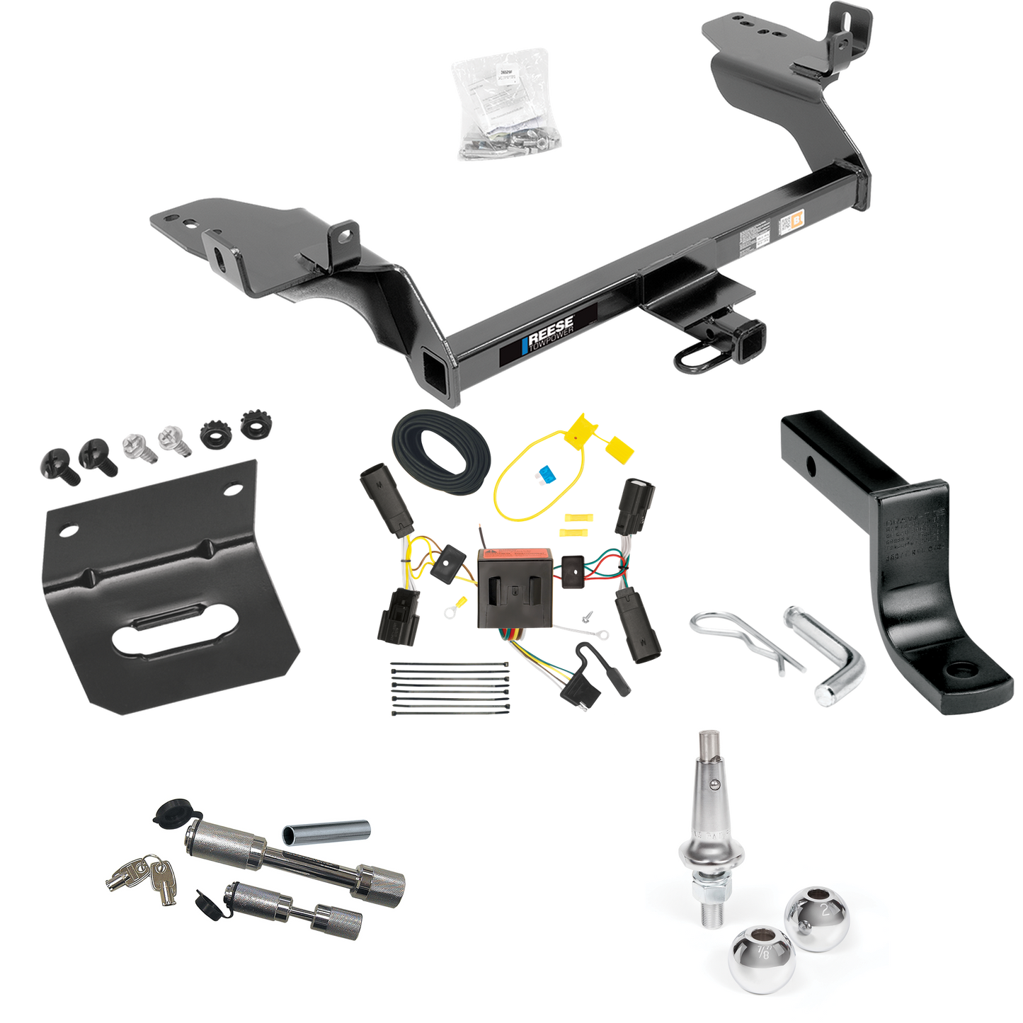 Fits 2013-2016 Ford Escape Trailer Hitch Tow PKG w/ 4-Flat Wiring Harness + Draw-Bar + Interchangeable 1-7/8" & 2" Balls + Wiring Bracket + Dual Hitch & Coupler Locks By Reese Towpower