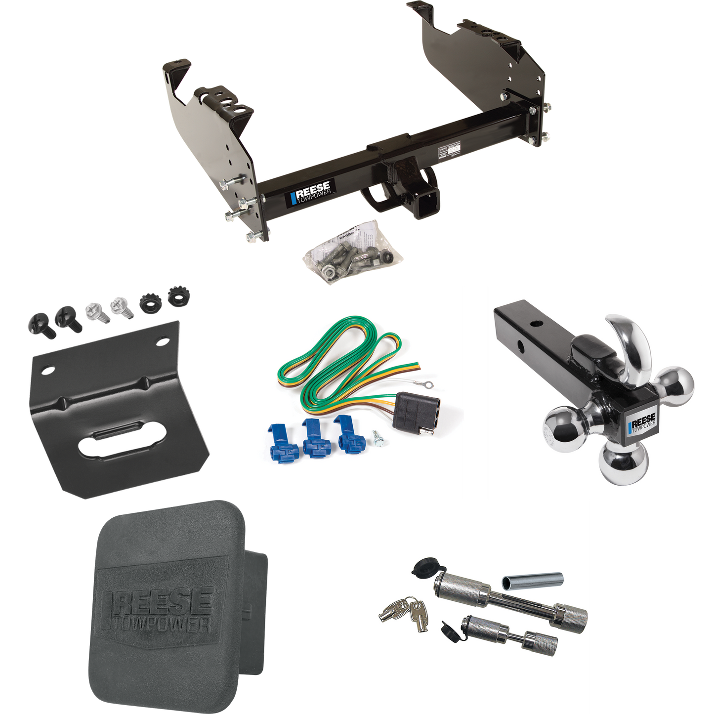 Fits 1999-2023 Ford F-550 Super Duty Trailer Hitch Tow PKG w/ 4-Flat Wiring Harness + Triple Ball Ball Mount 1-7/8" & 2" & 2-5/16" Trailer Balls w/ Tow Hook + Dual Hitch & Coupler Locks + Hitch Cover + Wiring Bracket (For Cab & Chassis, w/34" Wide Fr