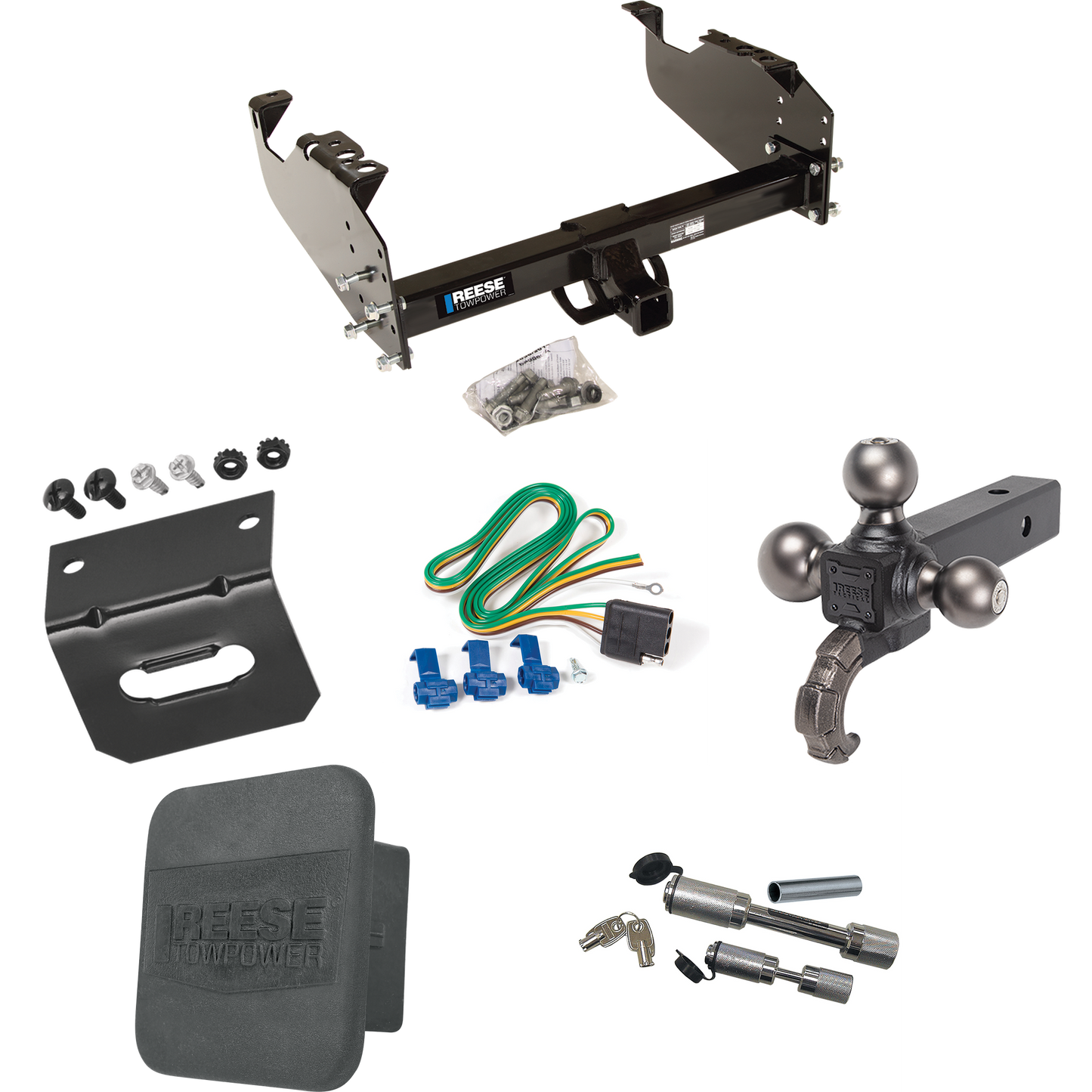 Fits 1999-2020 Ford F-350 Super Duty Trailer Hitch Tow PKG w/ 4-Flat Wiring Harness + Triple Ball Ball Mount 1-7/8" & 2" & 2-5/16" Trailer Balls w/ Tow Hook + Dual Hitch & Coupler Locks + Hitch Cover + Wiring Bracket (For Cab & Chassis, w/34" Wide Fr