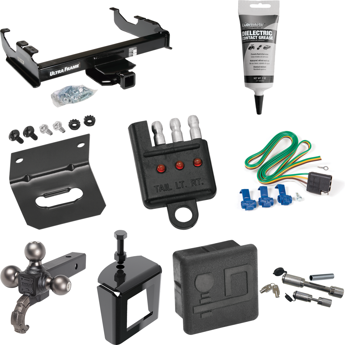 Fits 1985-1999 GMC C1500 Trailer Hitch Tow PKG w/ 4-Flat Wiring Harness + Triple Ball Ball Mount 1-7/8" & 2" & 2-5/16" Trailer Balls w/ Tow Hook + Dual Hitch & Coupler Locks + Hitch Cover + Wiring Bracket + Wiring Tester + Electric Grease + Anti Ratt