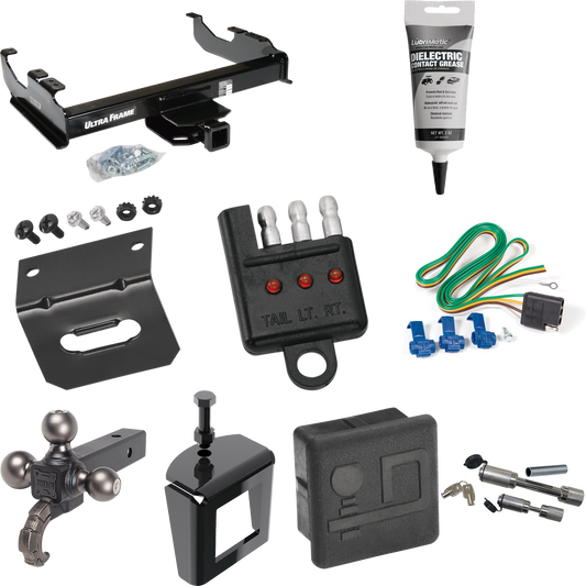 Fits 1985-1999 GMC C1500 Trailer Hitch Tow PKG w/ 4-Flat Wiring Harness + Triple Ball Ball Mount 1-7/8" & 2" & 2-5/16" Trailer Balls w/ Tow Hook + Dual Hitch & Coupler Locks + Hitch Cover + Wiring Bracket + Wiring Tester + Electric Grease + Anti Ratt