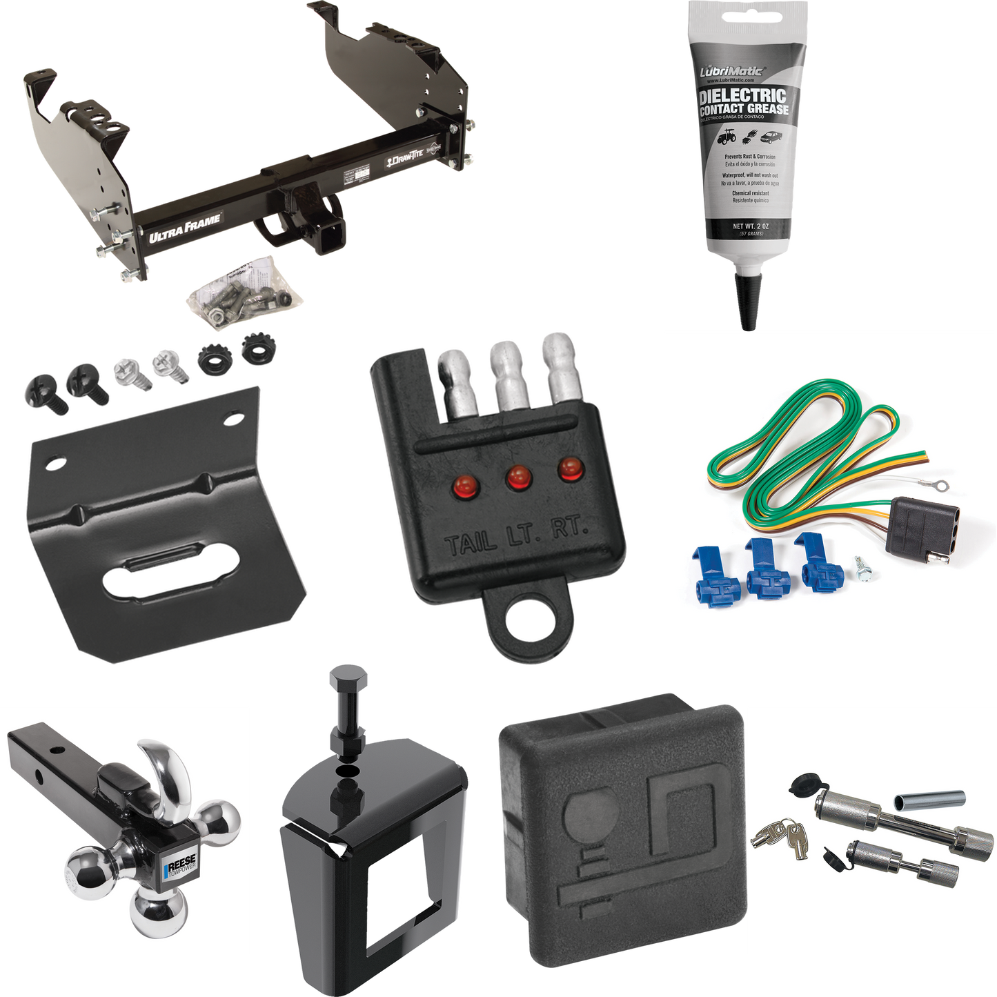 Fits 1985-2000 GMC C3500 Trailer Hitch Tow PKG w/ 4-Flat Wiring Harness + Triple Ball Ball Mount 1-7/8" & 2" & 2-5/16" Trailer Balls w/ Tow Hook + Dual Hitch & Coupler Locks + Hitch Cover + Wiring Bracket + Wiring Tester + Electric Grease + Anti Ratt