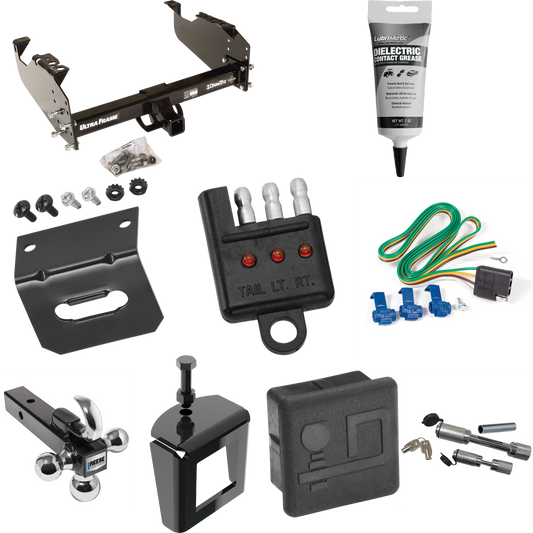 Fits 1985-2000 GMC C3500 Trailer Hitch Tow PKG w/ 4-Flat Wiring Harness + Triple Ball Ball Mount 1-7/8" & 2" & 2-5/16" Trailer Balls w/ Tow Hook + Dual Hitch & Coupler Locks + Hitch Cover + Wiring Bracket + Wiring Tester + Electric Grease + Anti Ratt