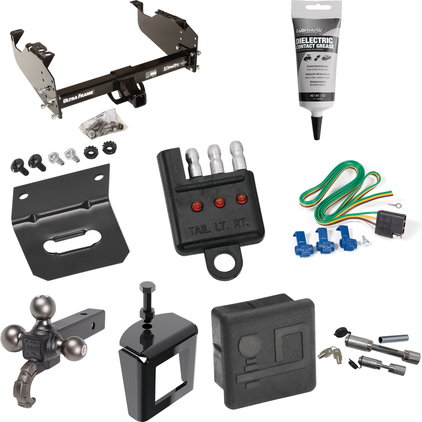 Fits 1999-2009 GMC C6500 Topkick Trailer Hitch Tow PKG w/ 4-Flat Wiring Harness + Triple Ball Ball Mount 1-7/8" & 2" & 2-5/16" Trailer Balls w/ Tow Hook + Dual Hitch & Coupler Locks + Hitch Cover + Wiring Bracket + Wiring Tester + Electric Grease + A