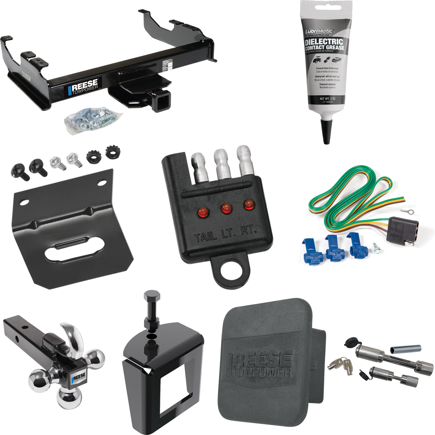 Fits 1985-1986 GMC K3500 Trailer Hitch Tow PKG w/ 4-Flat Wiring Harness + Triple Ball Ball Mount 1-7/8" & 2" & 2-5/16" Trailer Balls w/ Tow Hook + Dual Hitch & Coupler Locks + Hitch Cover + Wiring Bracket + Wiring Tester + Electric Grease + Anti Ratt