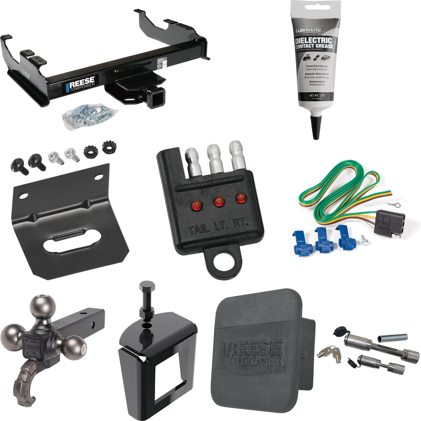 Fits 1988-1991 Chevrolet C2500 Trailer Hitch Tow PKG w/ 4-Flat Wiring Harness + Triple Ball Ball Mount 1-7/8" & 2" & 2-5/16" Trailer Balls w/ Tow Hook + Dual Hitch & Coupler Locks + Hitch Cover + Wiring Bracket + Wiring Tester + Electric Grease + Ant