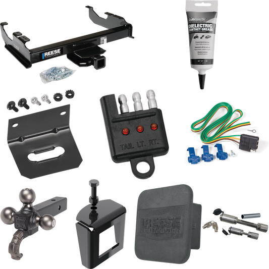 Fits 1985-2000 GMC C2500 Trailer Hitch Tow PKG w/ 4-Flat Wiring Harness + Triple Ball Ball Mount 1-7/8" & 2" & 2-5/16" Trailer Balls w/ Tow Hook + Dual Hitch & Coupler Locks + Hitch Cover + Wiring Bracket + Wiring Tester + Electric Grease + Anti Ratt