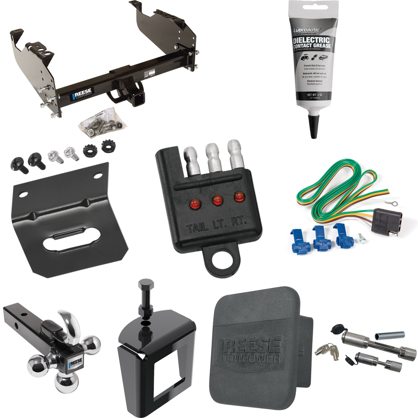 Fits 1988-2000 GMC K2500 Trailer Hitch Tow PKG w/ 4-Flat Wiring Harness + Triple Ball Ball Mount 1-7/8" & 2" & 2-5/16" Trailer Balls w/ Tow Hook + Dual Hitch & Coupler Locks + Hitch Cover + Wiring Bracket + Wiring Tester + Electric Grease + Anti Ratt