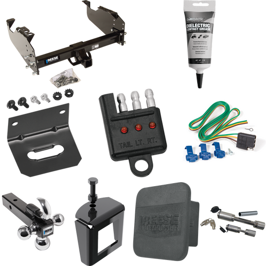 Fits 1985-1999 GMC C1500 Trailer Hitch Tow PKG w/ 4-Flat Wiring Harness + Triple Ball Ball Mount 1-7/8" & 2" & 2-5/16" Trailer Balls w/ Tow Hook + Dual Hitch & Coupler Locks + Hitch Cover + Wiring Bracket + Wiring Tester + Electric Grease + Anti Ratt