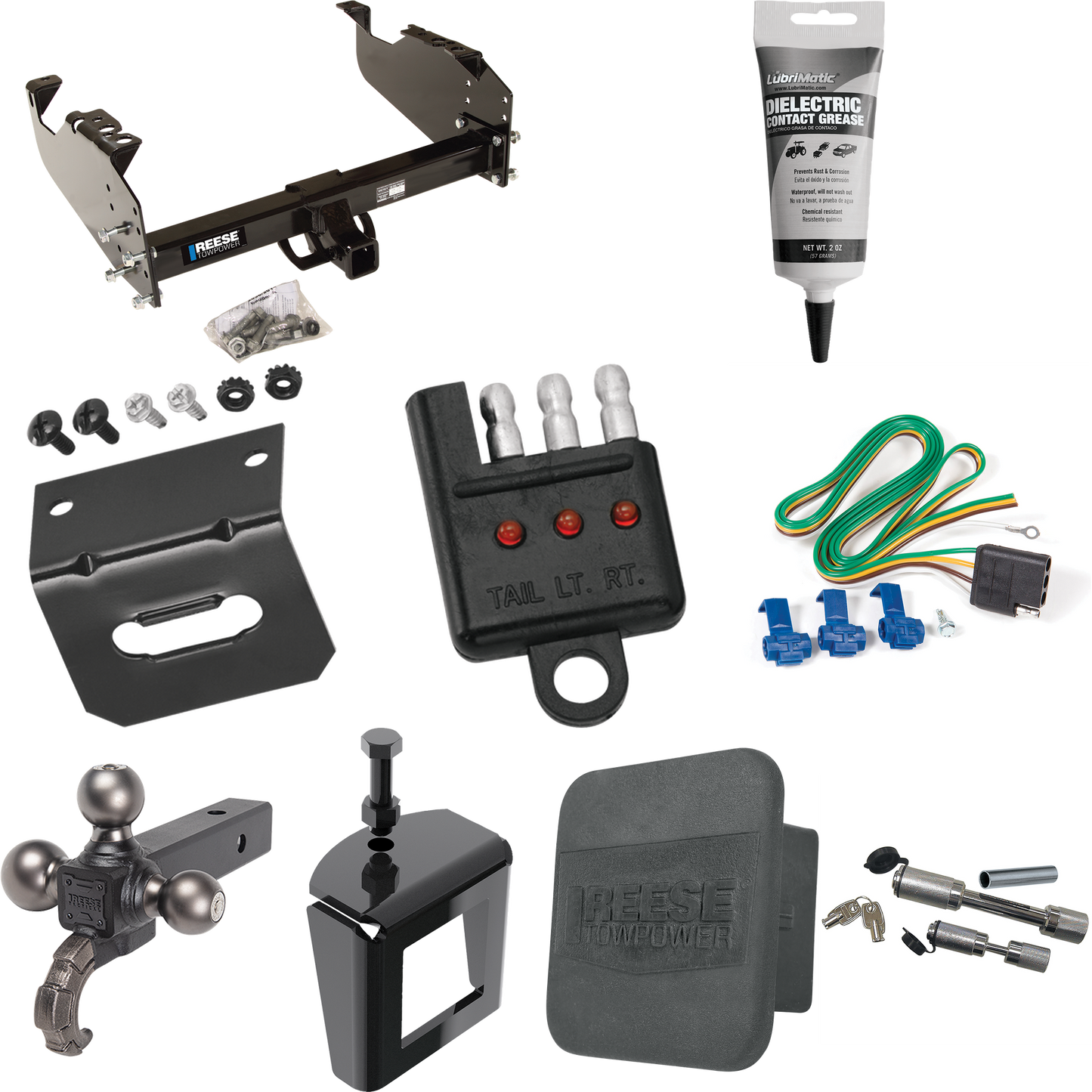 Fits 1999-2009 Chevrolet C7500 Kodiak Trailer Hitch Tow PKG w/ 4-Flat Wiring Harness + Triple Ball Ball Mount 1-7/8" & 2" & 2-5/16" Trailer Balls w/ Tow Hook + Dual Hitch & Coupler Locks + Hitch Cover + Wiring Bracket + Wiring Tester + Electric Greas