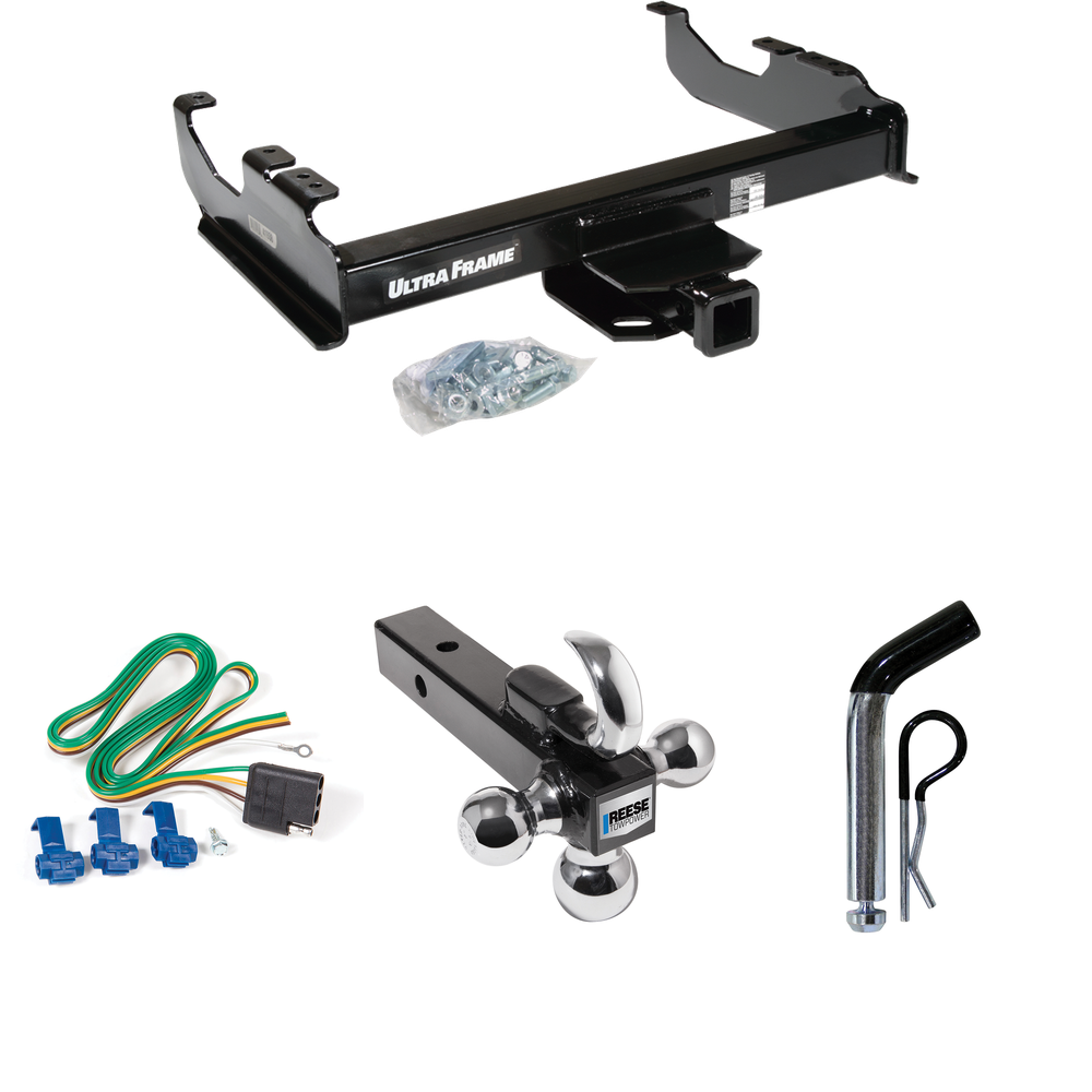 Fits 1985-1986 Chevrolet K30 Trailer Hitch Tow PKG w/ 4-Flat Wiring Harness + Triple Ball Ball Mount 1-7/8" & 2" & 2-5/16" Trailer Balls w/ Tow Hook + Pin/Clip (For w/34" Wide Frames Models) By Draw-Tite