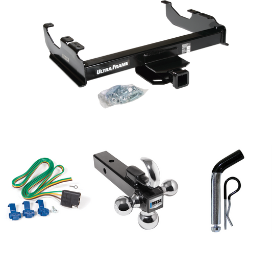 Fits 1985-1986 Chevrolet K30 Trailer Hitch Tow PKG w/ 4-Flat Wiring Harness + Triple Ball Ball Mount 1-7/8" & 2" & 2-5/16" Trailer Balls w/ Tow Hook + Pin/Clip (For w/34" Wide Frames Models) By Draw-Tite