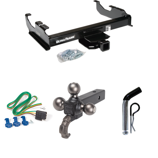 Fits 1985-1986 Chevrolet C10 Trailer Hitch Tow PKG w/ 4-Flat Wiring Harness + Triple Ball Ball Mount 1-7/8" & 2" & 2-5/16" Trailer Balls w/ Tow Hook + Pin/Clip (For w/34" Wide Frames Models) By Draw-Tite