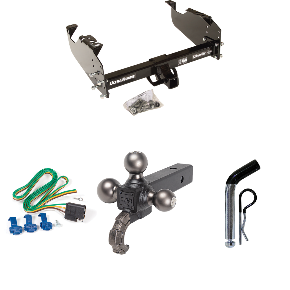 Fits 1999-2009 GMC C6500 Topkick Trailer Hitch Tow PKG w/ 4-Flat Wiring Harness + Triple Ball Ball Mount 1-7/8" & 2" & 2-5/16" Trailer Balls w/ Tow Hook + Pin/Clip (For Cab & Chassis, w/34" Wide Frames Models) By Draw-Tite