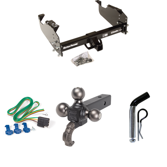 Fits 1999-2009 GMC C6500 Topkick Trailer Hitch Tow PKG w/ 4-Flat Wiring Harness + Triple Ball Ball Mount 1-7/8" & 2" & 2-5/16" Trailer Balls w/ Tow Hook + Pin/Clip (For Cab & Chassis, w/34" Wide Frames Models) By Draw-Tite