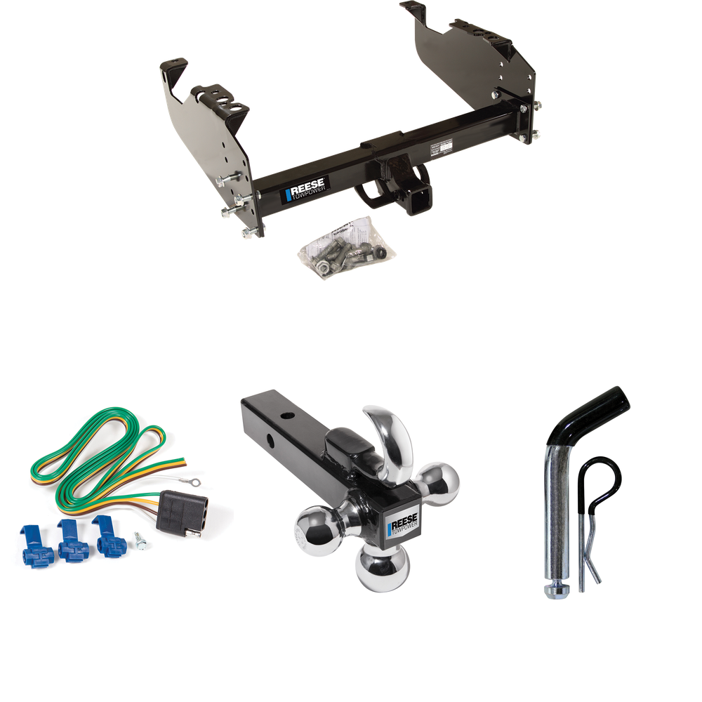 Fits 1999-2020 Ford F-350 Super Duty Trailer Hitch Tow PKG w/ 4-Flat Wiring Harness + Triple Ball Ball Mount 1-7/8" & 2" & 2-5/16" Trailer Balls w/ Tow Hook + Pin/Clip (For Cab & Chassis, w/34" Wide Frames Models) By Reese Towpower