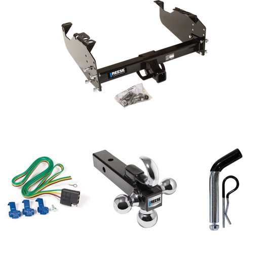 Fits 1999-2020 Ford F-350 Super Duty Trailer Hitch Tow PKG w/ 4-Flat Wiring Harness + Triple Ball Ball Mount 1-7/8" & 2" & 2-5/16" Trailer Balls w/ Tow Hook + Pin/Clip (For Cab & Chassis, w/34" Wide Frames Models) By Reese Towpower