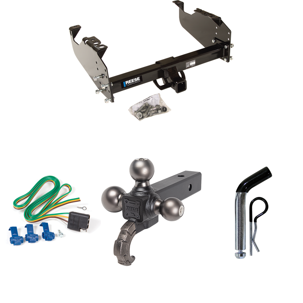 Fits 1988-1991 Chevrolet C3500 Trailer Hitch Tow PKG w/ 4-Flat Wiring Harness + Triple Ball Ball Mount 1-7/8" & 2" & 2-5/16" Trailer Balls w/ Tow Hook + Pin/Clip (For Crew Cab Models) By Reese Towpower