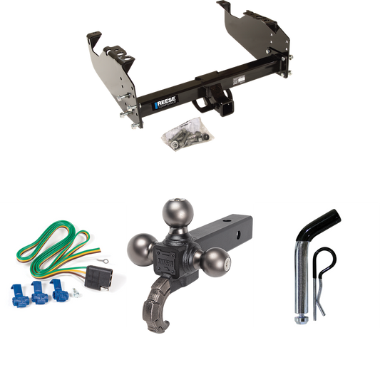 Fits 1988-1991 Chevrolet C3500 Trailer Hitch Tow PKG w/ 4-Flat Wiring Harness + Triple Ball Ball Mount 1-7/8" & 2" & 2-5/16" Trailer Balls w/ Tow Hook + Pin/Clip (For Crew Cab Models) By Reese Towpower