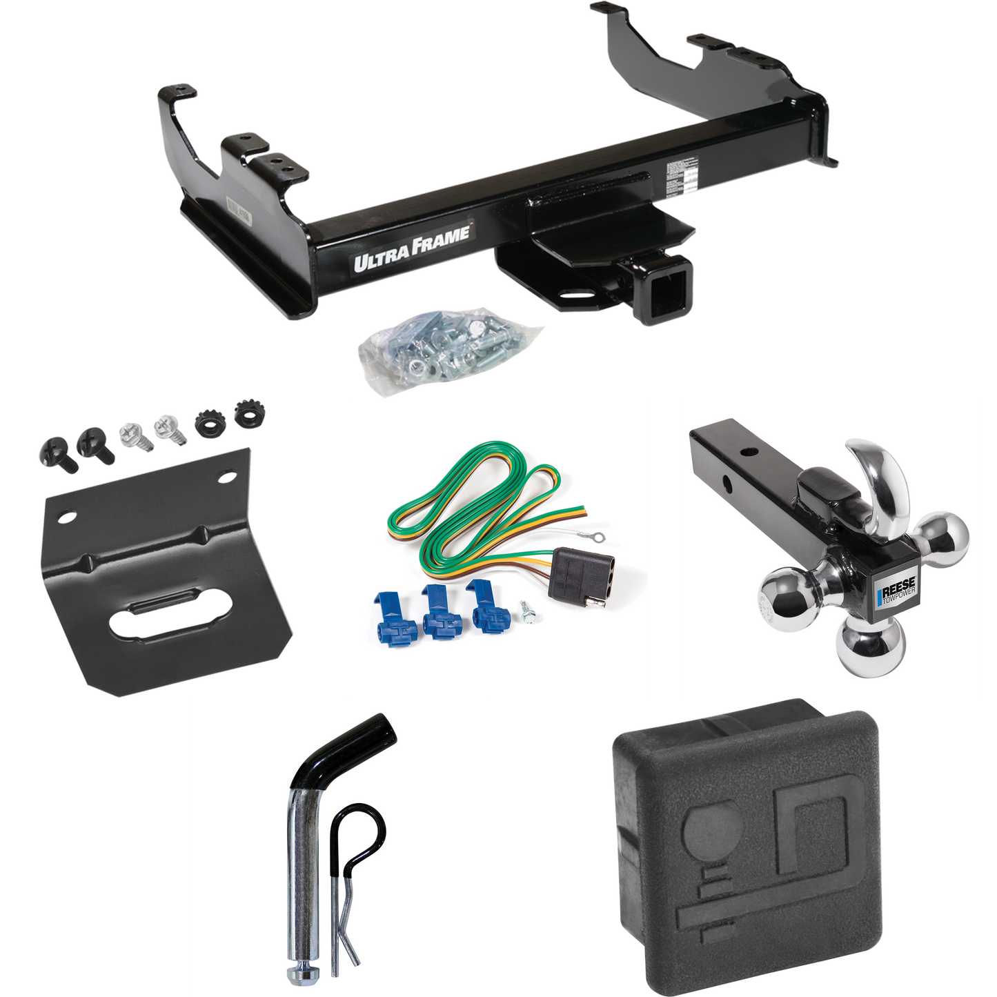 Fits 1985-1986 GMC K2500 Trailer Hitch Tow PKG w/ 4-Flat Wiring Harness + Triple Ball Ball Mount 1-7/8" & 2" & 2-5/16" Trailer Balls w/ Tow Hook + Pin/Clip + Hitch Cover + Wiring Bracket (For w/34" Wide Frames Models) By Draw-Tite