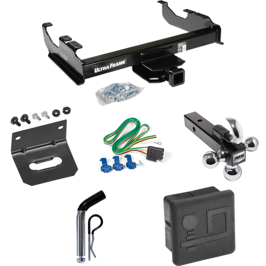 Fits 1985-1986 GMC K2500 Trailer Hitch Tow PKG w/ 4-Flat Wiring Harness + Triple Ball Ball Mount 1-7/8" & 2" & 2-5/16" Trailer Balls w/ Tow Hook + Pin/Clip + Hitch Cover + Wiring Bracket (For w/34" Wide Frames Models) By Draw-Tite