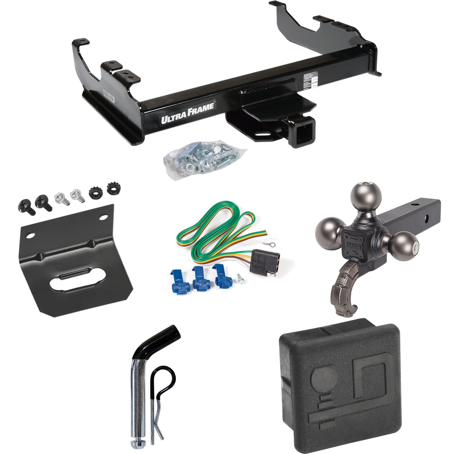 Fits 1985-1986 GMC K2500 Trailer Hitch Tow PKG w/ 4-Flat Wiring Harness + Triple Ball Ball Mount 1-7/8" & 2" & 2-5/16" Trailer Balls w/ Tow Hook + Pin/Clip + Hitch Cover + Wiring Bracket (For w/34" Wide Frames Models) By Draw-Tite