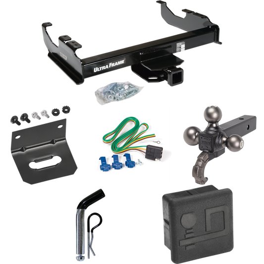 Fits 1985-1986 GMC K2500 Trailer Hitch Tow PKG w/ 4-Flat Wiring Harness + Triple Ball Ball Mount 1-7/8" & 2" & 2-5/16" Trailer Balls w/ Tow Hook + Pin/Clip + Hitch Cover + Wiring Bracket (For w/34" Wide Frames Models) By Draw-Tite