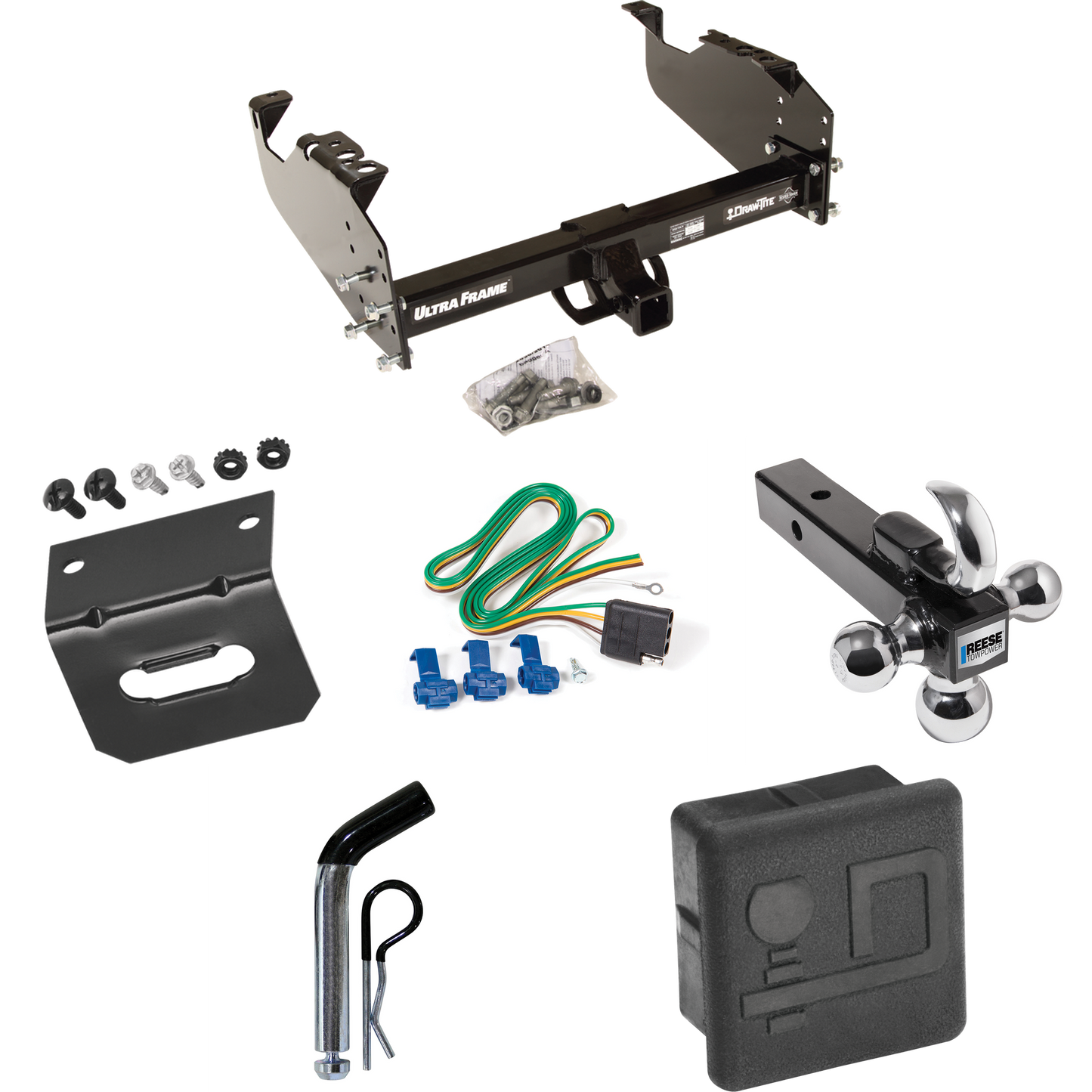 Fits 2003-2009 GMC C4500 Topkick Trailer Hitch Tow PKG w/ 4-Flat Wiring Harness + Triple Ball Ball Mount 1-7/8" & 2" & 2-5/16" Trailer Balls w/ Tow Hook + Pin/Clip + Hitch Cover + Wiring Bracket (For Cab & Chassis, w/34" Wide Frames Models) By Draw-T