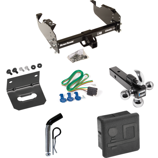 Fits 2003-2009 GMC C4500 Topkick Trailer Hitch Tow PKG w/ 4-Flat Wiring Harness + Triple Ball Ball Mount 1-7/8" & 2" & 2-5/16" Trailer Balls w/ Tow Hook + Pin/Clip + Hitch Cover + Wiring Bracket (For Cab & Chassis, w/34" Wide Frames Models) By Draw-T