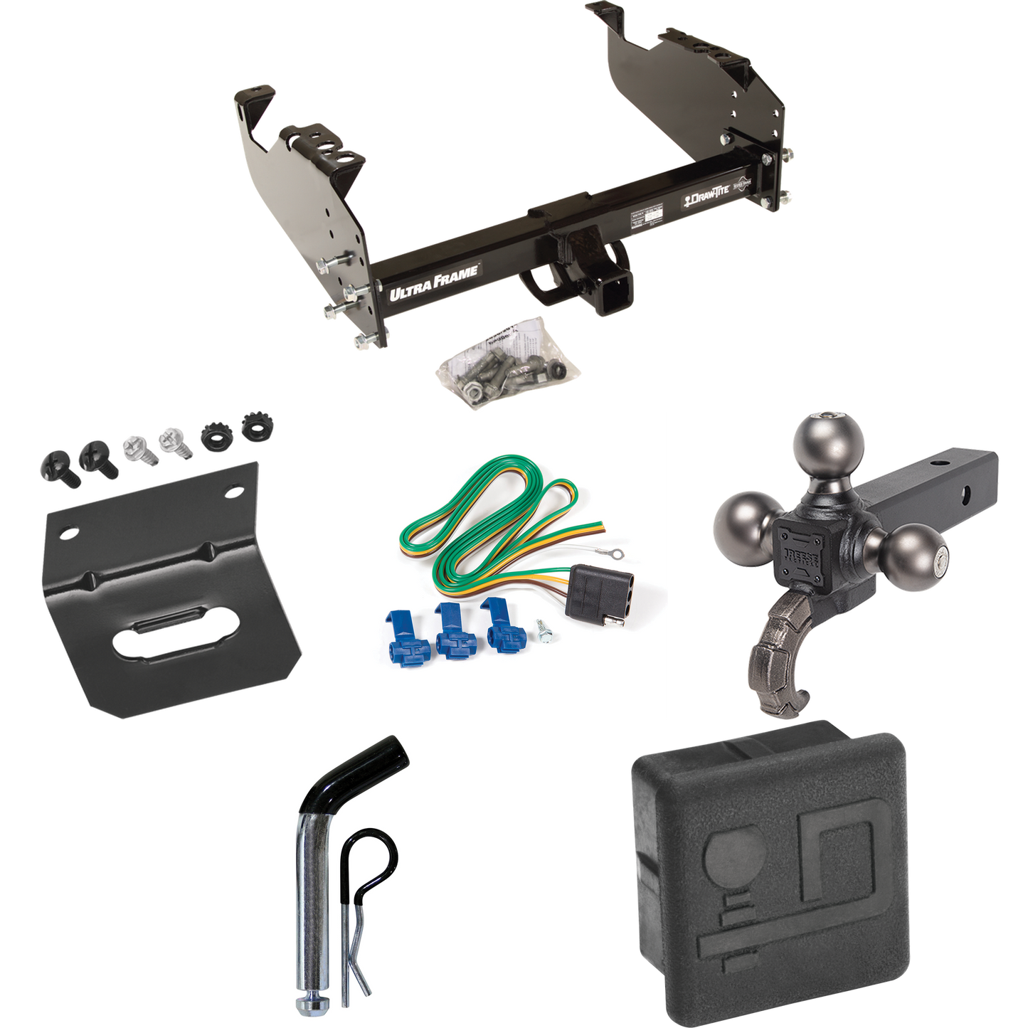 Fits 1967-1974 GMC C15/C1500 Trailer Hitch Tow PKG w/ 4-Flat Wiring Harness + Triple Ball Ball Mount 1-7/8" & 2" & 2-5/16" Trailer Balls w/ Tow Hook + Pin/Clip + Hitch Cover + Wiring Bracket By Draw-Tite