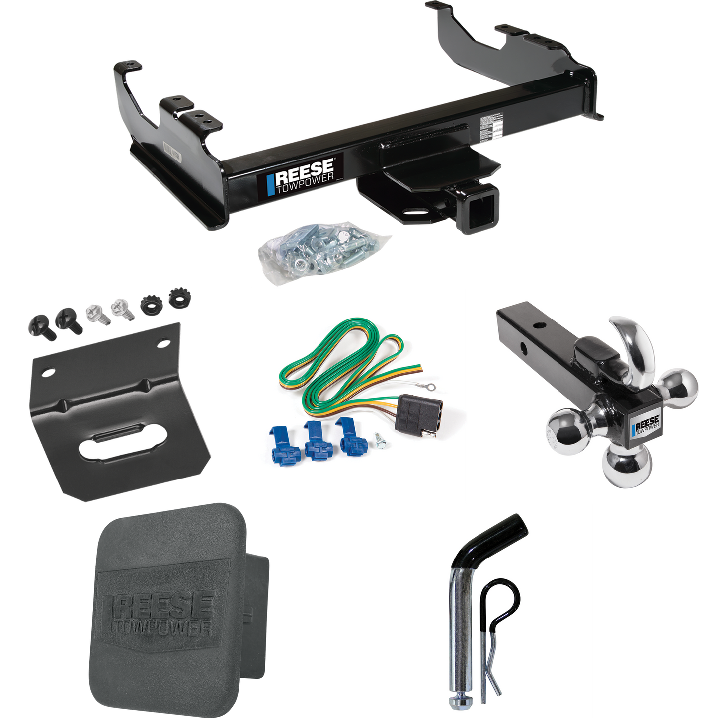 Fits 1963-1972 Chevrolet C10 Trailer Hitch Tow PKG w/ 4-Flat Wiring Harness + Triple Ball Ball Mount 1-7/8" & 2" & 2-5/16" Trailer Balls w/ Tow Hook + Pin/Clip + Hitch Cover + Wiring Bracket By Reese Towpower