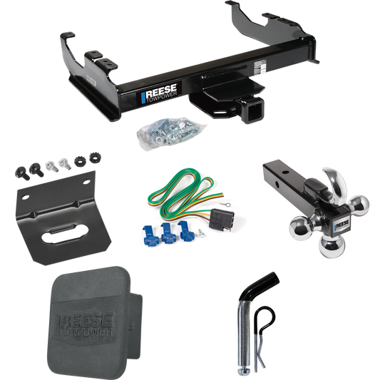 Fits 1985-1986 GMC K1500 Trailer Hitch Tow PKG w/ 4-Flat Wiring Harness + Triple Ball Ball Mount 1-7/8" & 2" & 2-5/16" Trailer Balls w/ Tow Hook + Pin/Clip + Hitch Cover + Wiring Bracket (For w/34" Wide Frames Models) By Reese Towpower