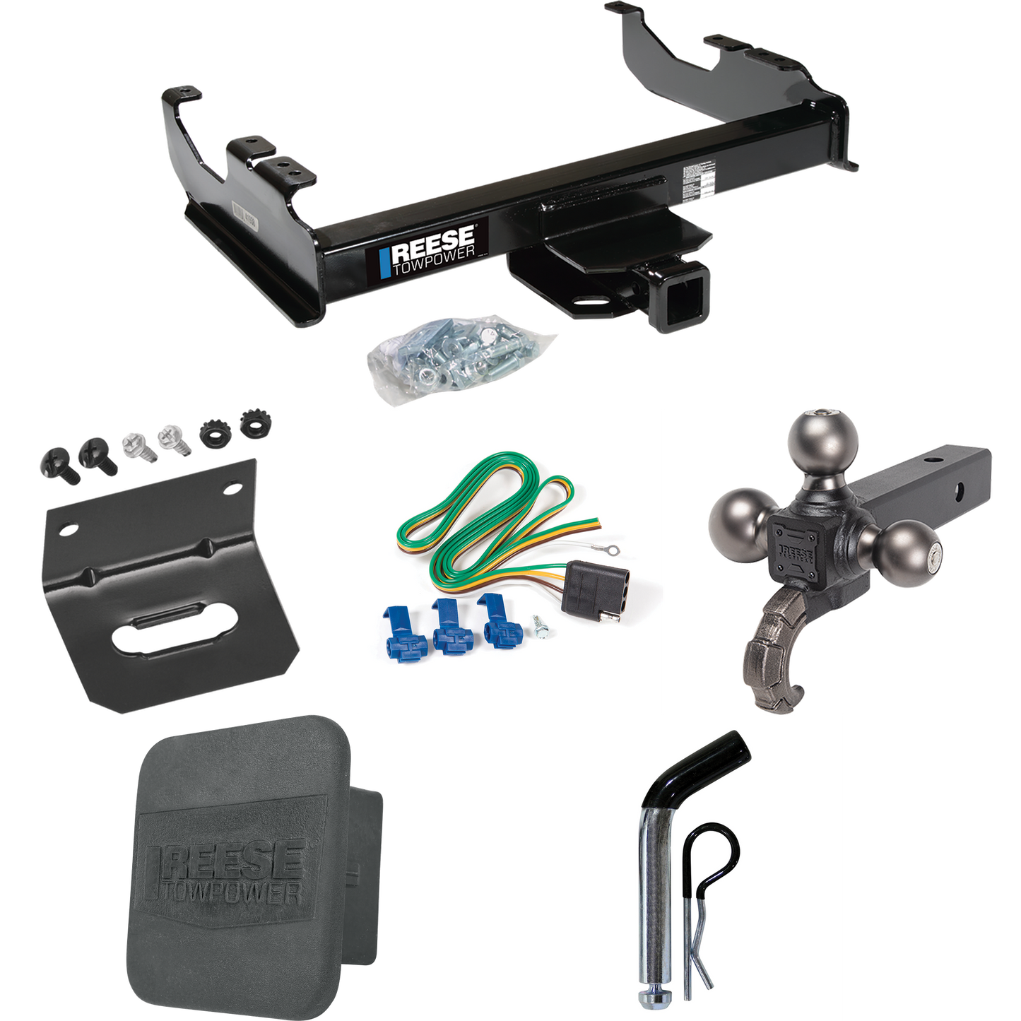 Fits 1985-1999 GMC C1500 Trailer Hitch Tow PKG w/ 4-Flat Wiring Harness + Triple Ball Ball Mount 1-7/8" & 2" & 2-5/16" Trailer Balls w/ Tow Hook + Pin/Clip + Hitch Cover + Wiring Bracket (For w/34" Wide Frames Models) By Reese Towpower