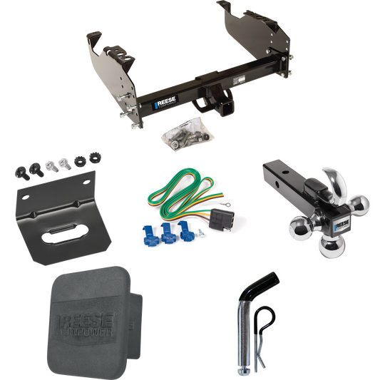 Fits 1985-1986 Chevrolet K10 Trailer Hitch Tow PKG w/ 4-Flat Wiring Harness + Triple Ball Ball Mount 1-7/8" & 2" & 2-5/16" Trailer Balls w/ Tow Hook + Pin/Clip + Hitch Cover + Wiring Bracket (For w/34" Wide Frames Models) By Reese Towpower