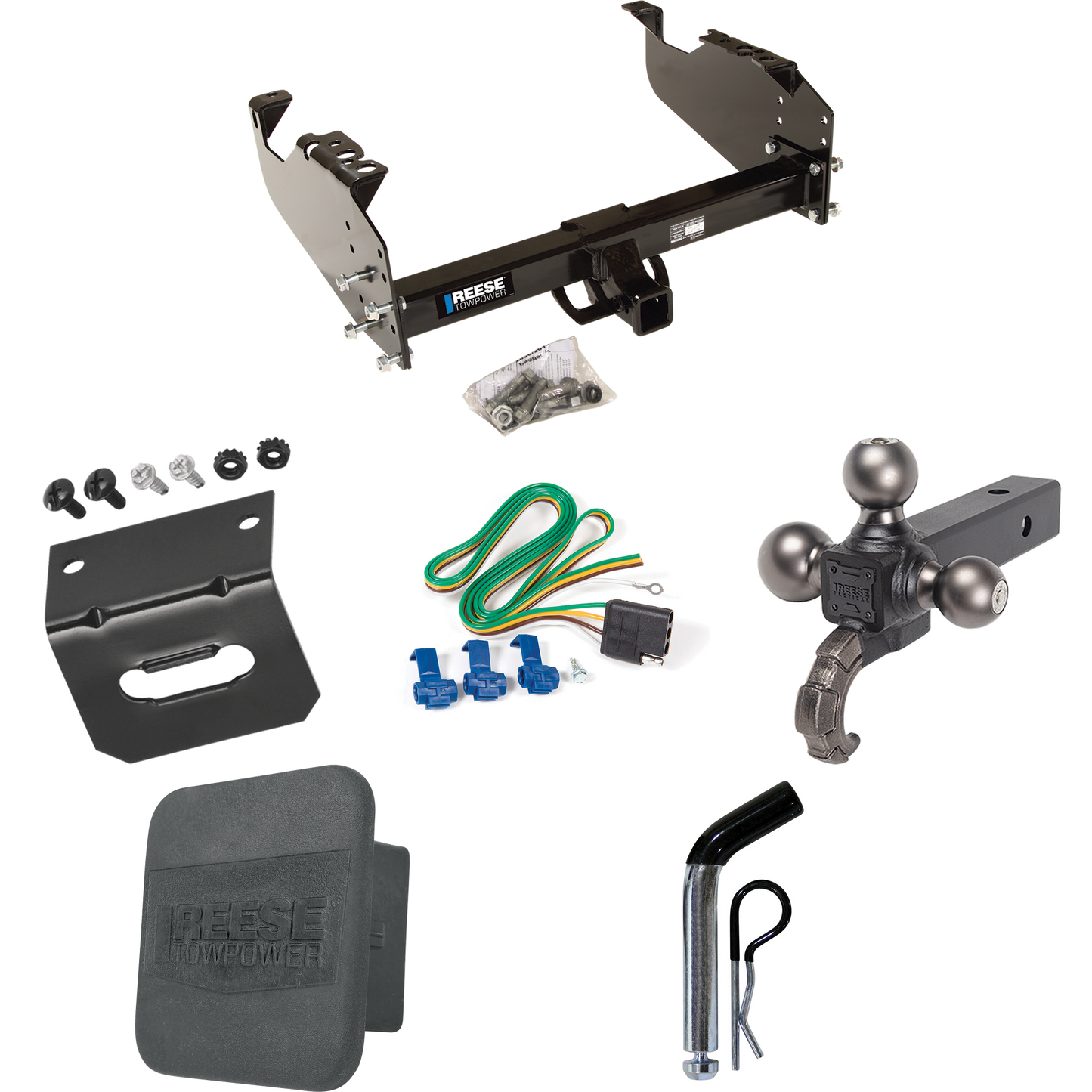 Fits 2011-2012 RAM 5500 Trailer Hitch Tow PKG w/ 4-Flat Wiring Harness + Triple Ball Ball Mount 1-7/8" & 2" & 2-5/16" Trailer Balls w/ Tow Hook + Pin/Clip + Hitch Cover + Wiring Bracket (For Cab & Chassis, w/34" Wide Frames Models) By Reese Towpower