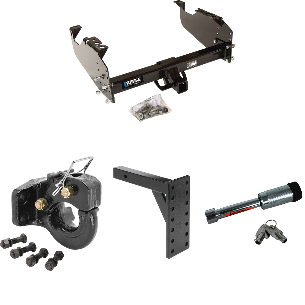 Fits 2007-2023 GMC Sierra 3500 HD Trailer Hitch Tow PKG w/ 7 Hole Pintle Hook Mounting Plate + 10K Pintle Hook + Hitch Lock (For Cab & Chassis, w/34" Wide Frames Models) By Reese Towpower