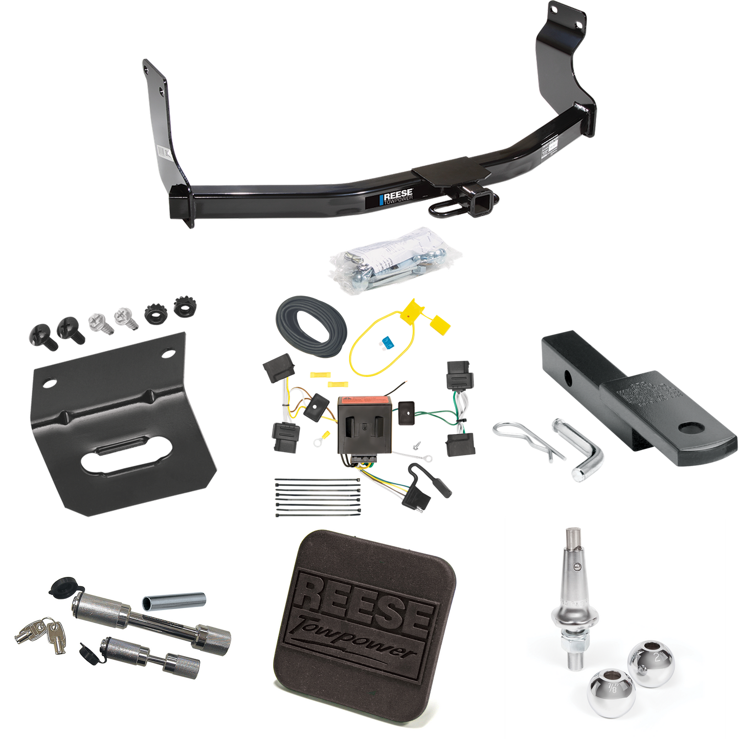 Fits 2008-2011 Mazda Tribute Trailer Hitch Tow PKG w/ 4-Flat Wiring Harness + Draw-Bar + Interchangeable 1-7/8" & 2" Balls + Wiring Bracket + Hitch Cover + Dual Hitch & Coupler Locks By Reese Towpower